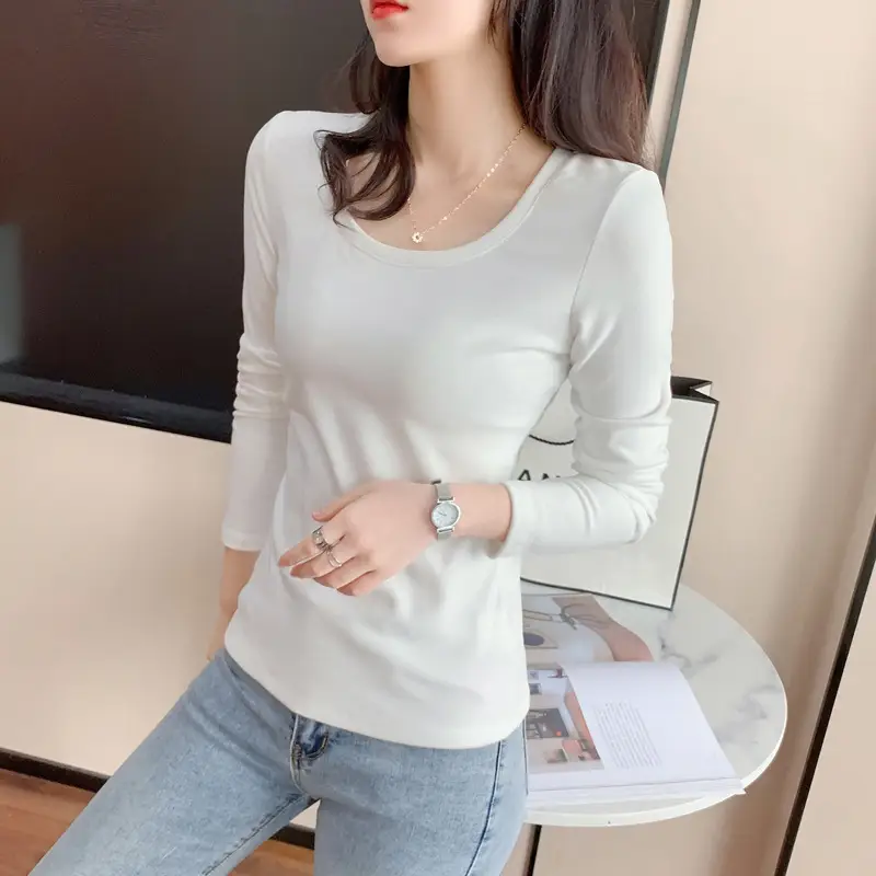 Women Long Sleeve Velvet T-Shirt Beige Winter - Image 6