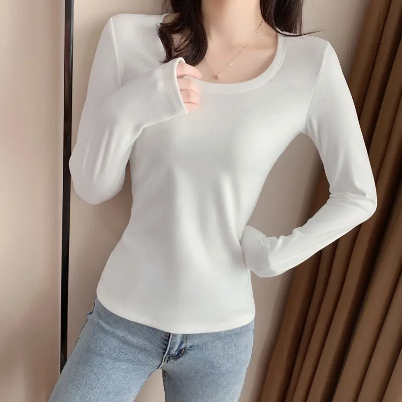 Women Long Sleeve Velvet T-Shirt Beige Winter - Image 7