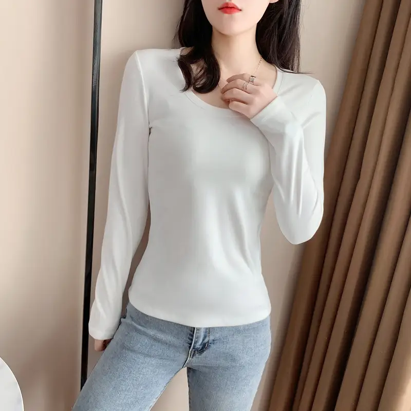 Women Long Sleeve Velvet T-Shirt Beige Winter - Image 8