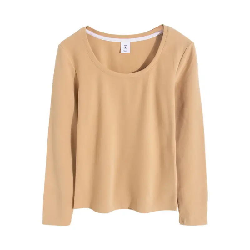 Women Long Sleeve Velvet T-Shirt Beige Winter - Image 3
