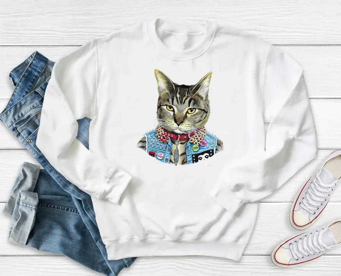 Women Pink Cat Print Sweatshirt Round Neck - Image 2