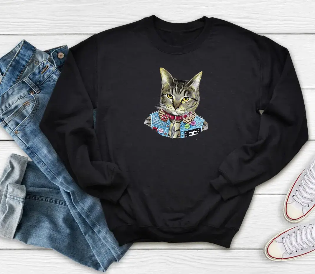Women Pink Cat Print Sweatshirt Round Neck - Image 3