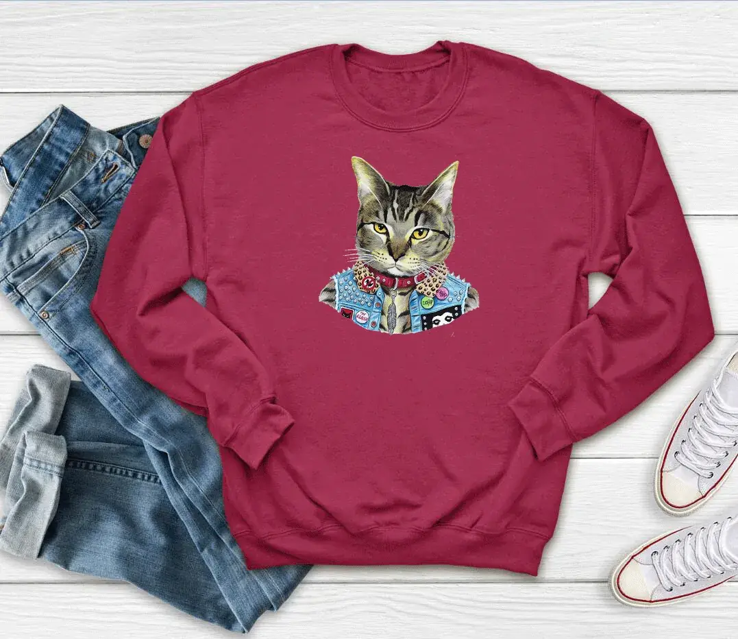 Women Pink Cat Print Sweatshirt Round Neck - Image 4