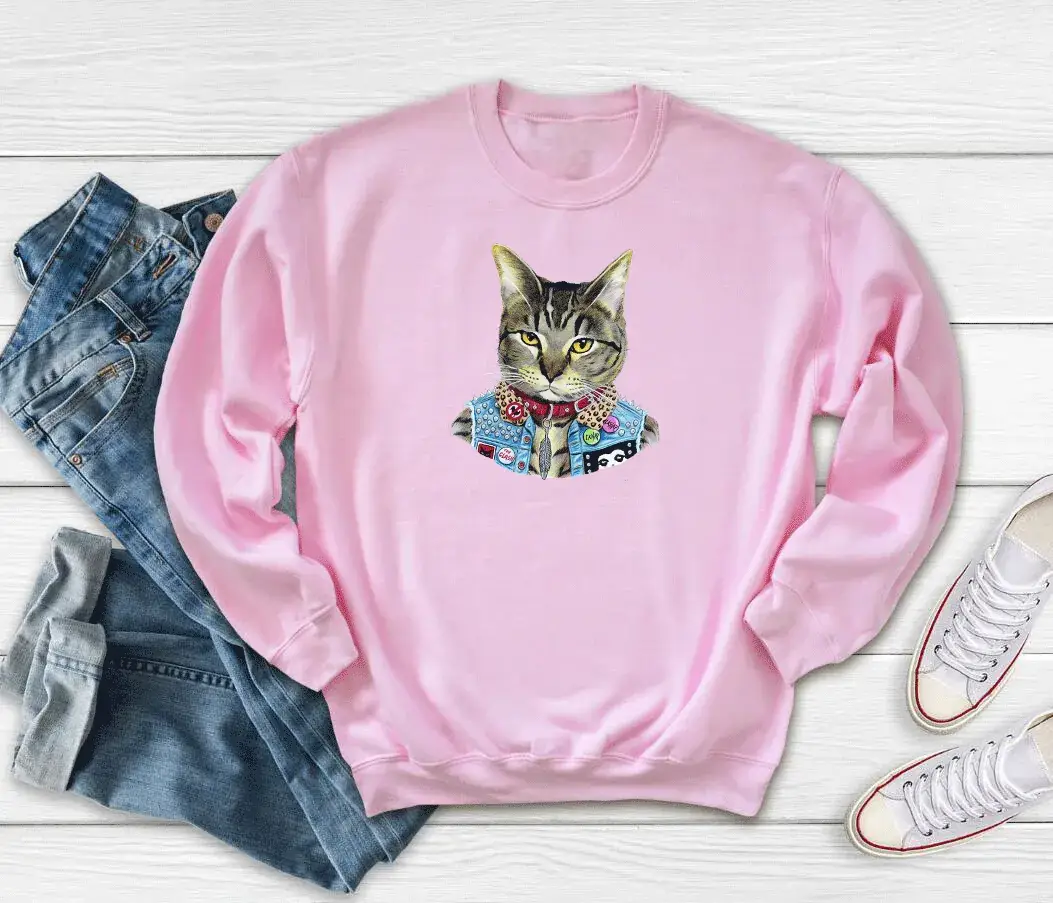 Women Pink Cat Print Sweatshirt Round Neck - Image 5