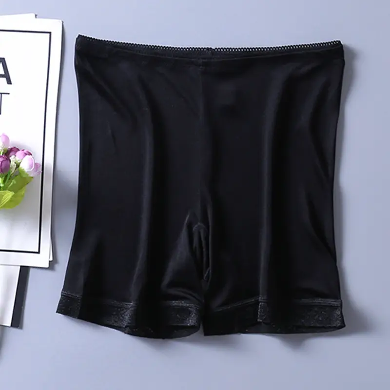 Black Silk Women's Mid Waist Leggings with Lace Side
