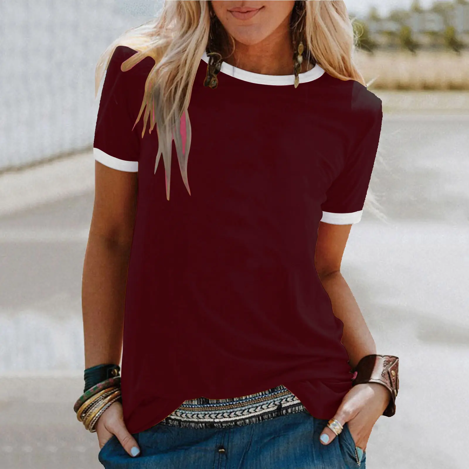 Women's 2025 Summer Grey Loose Round Neck T-Shirt - Image 11