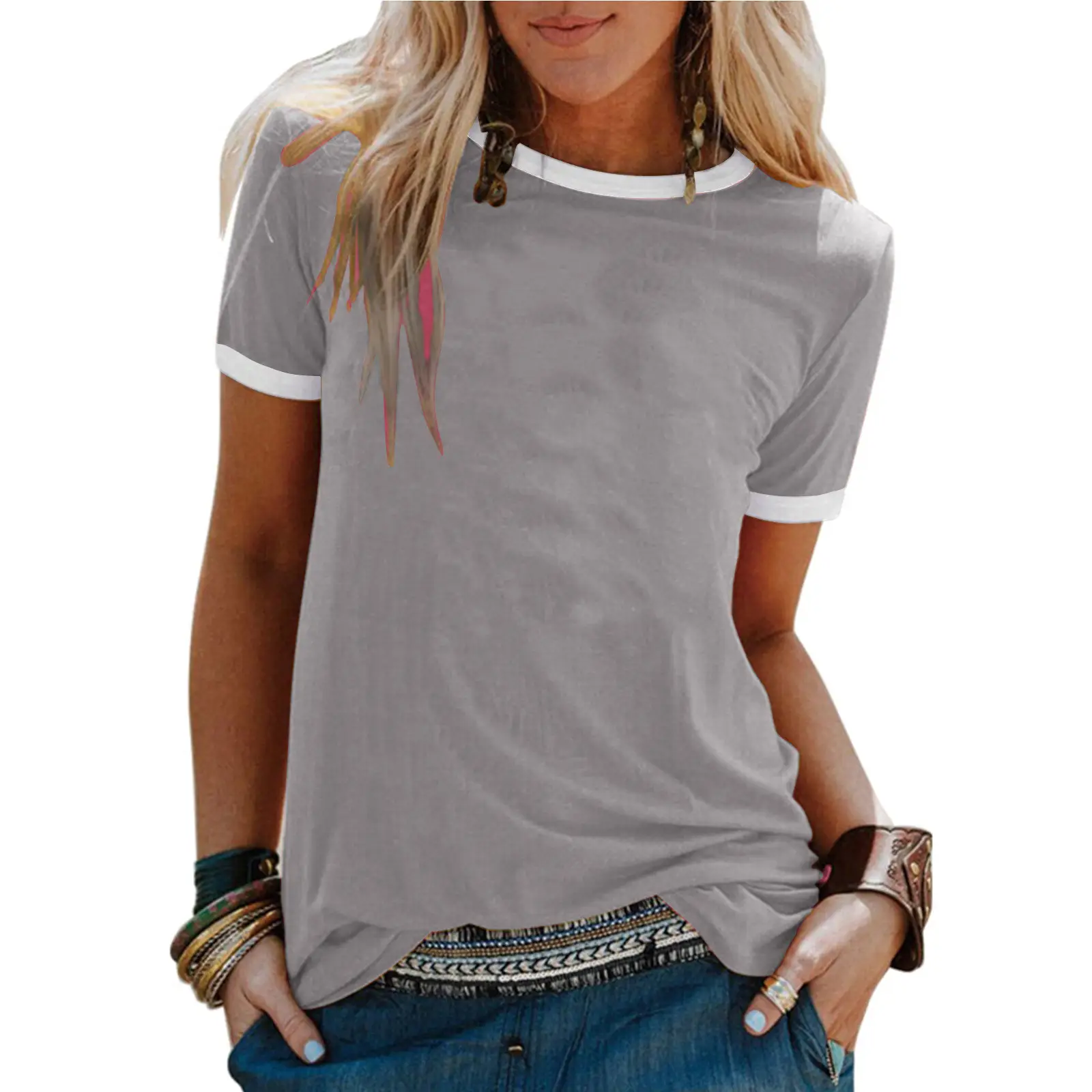 Women's 2025 Summer Grey Loose Round Neck T-Shirt - Image 2