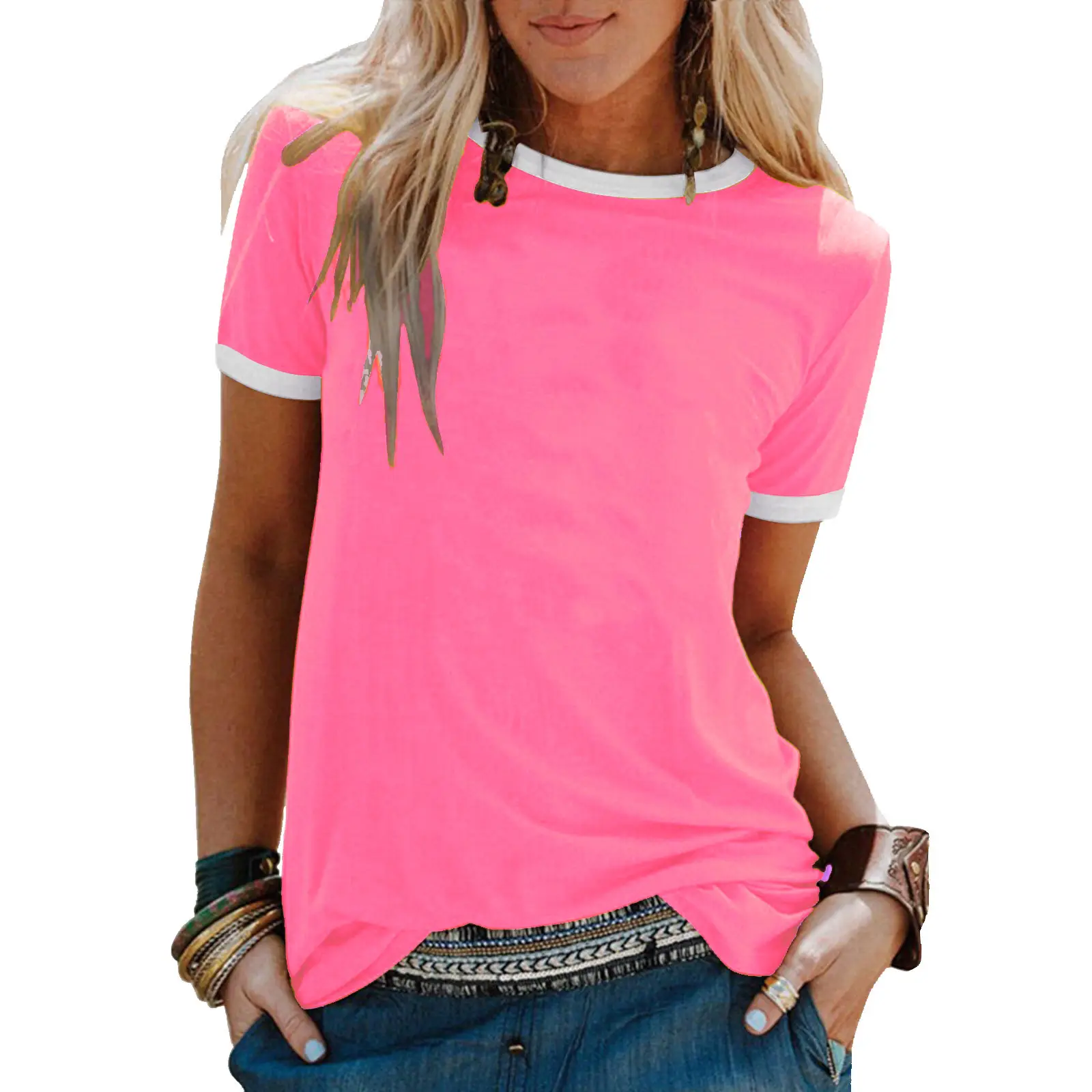 Women's 2025 Summer Grey Loose Round Neck T-Shirt - Image 5