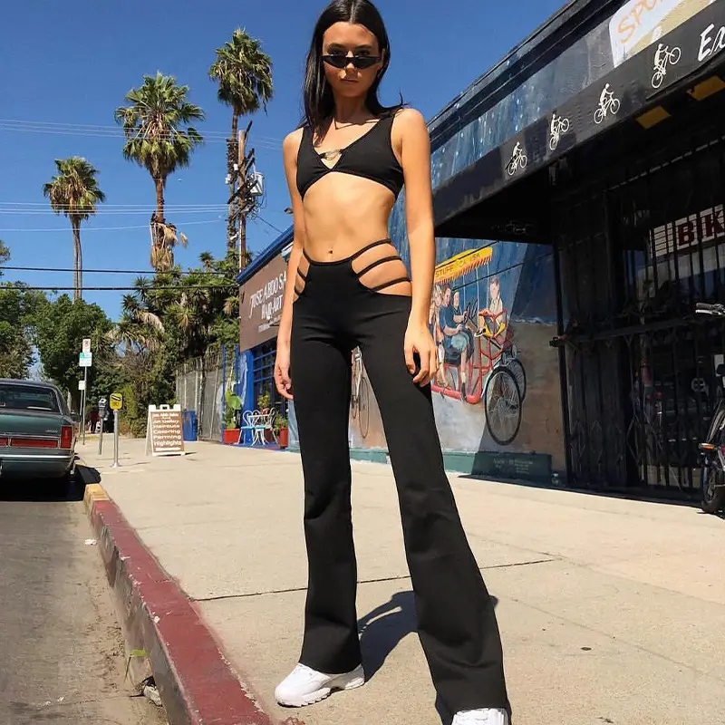 Women's Hollow Waist Flared Pants Low Cut Solid Color — feature 12