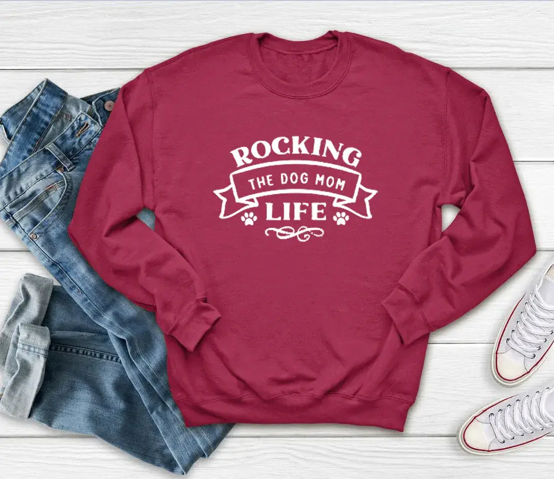 Rocking the Dog Mom Life Round Neck Sweater Maroon