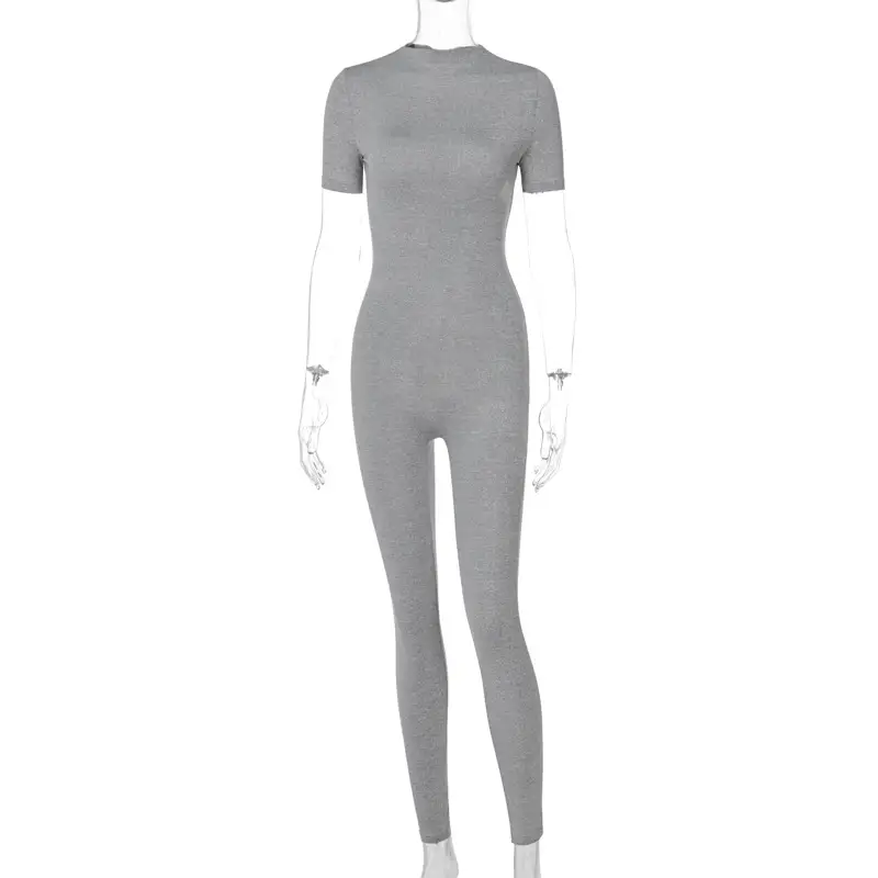 Women's Zip-Up Sports Yoga Jumpsuit Beige Short Sleeve - Image 2