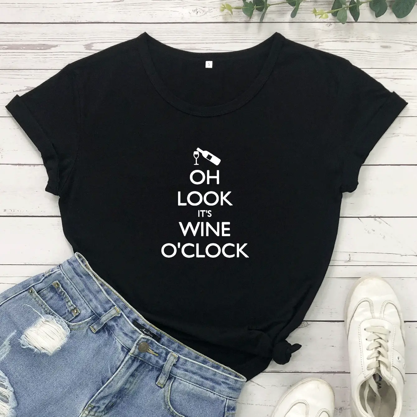 White T-Shirt with Wine O'Clock Print - Image 2