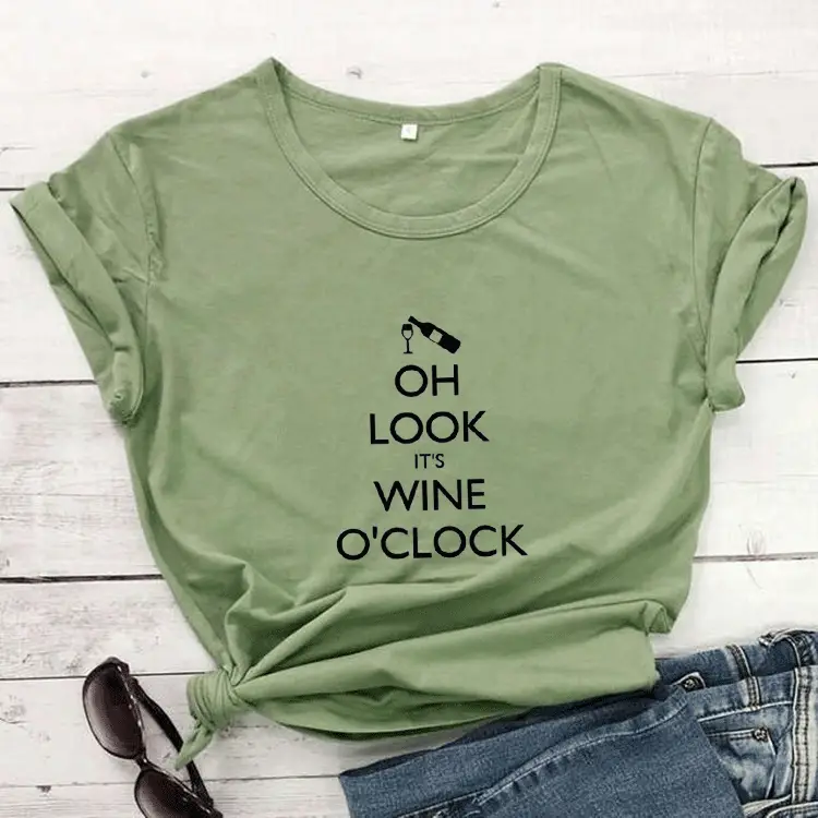 White T-Shirt with Wine O'Clock Print - Image 4