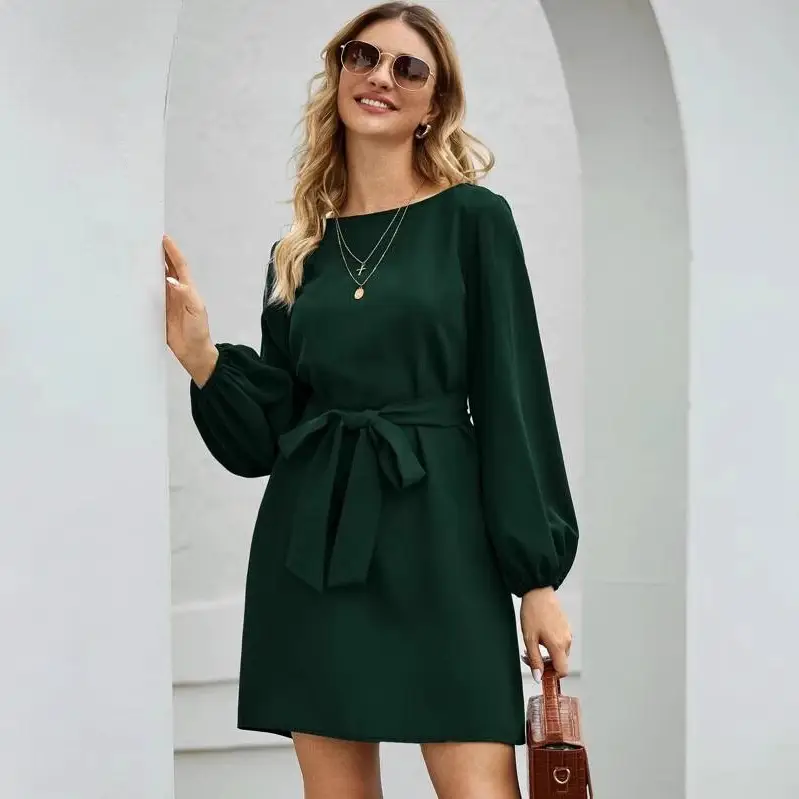 2021 Green Belted Long Pullover Dress for Women