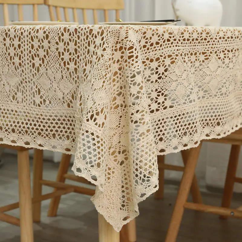 Pastoral Style Lace-Edged Cotton and Linen Tablecloth, Vintage Crochet Tea Table Cloth, Placemat, New Chinese Style, Available for Dropshipping