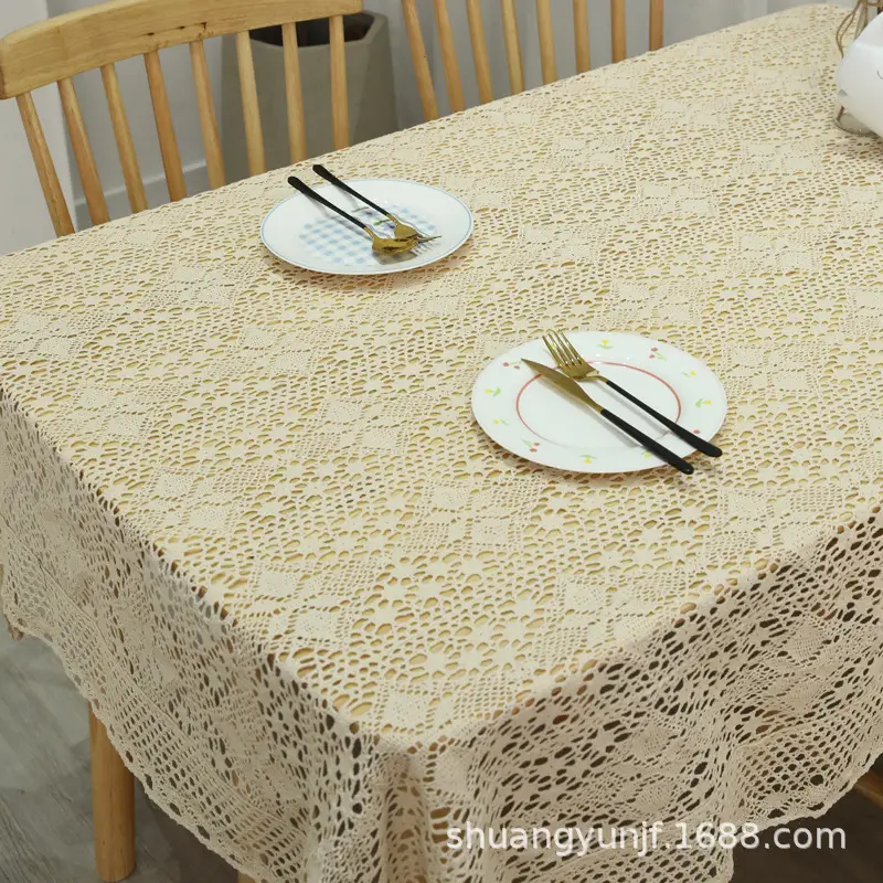 Pastoral Style Lace-Edged Cotton and Linen Tablecloth, Vintage Crochet Tea Table Cloth, Placemat, New Chinese Style, Available for Dropshipping