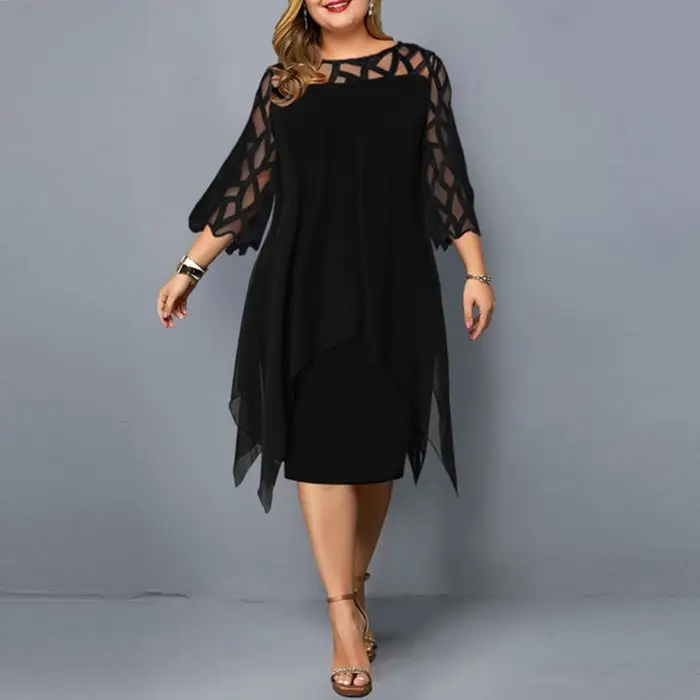 Lace Chiffon Dress Green Three Quarter Sleeve Asymmetrical Hem - Image 4