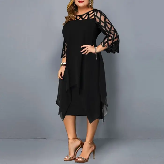Lace Chiffon Dress Green Three Quarter Sleeve Asymmetrical Hem - Image 8