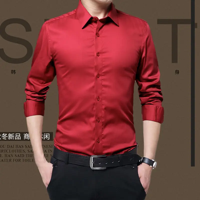 Autumn Men's Red Slim Fit Button Down Shirt
