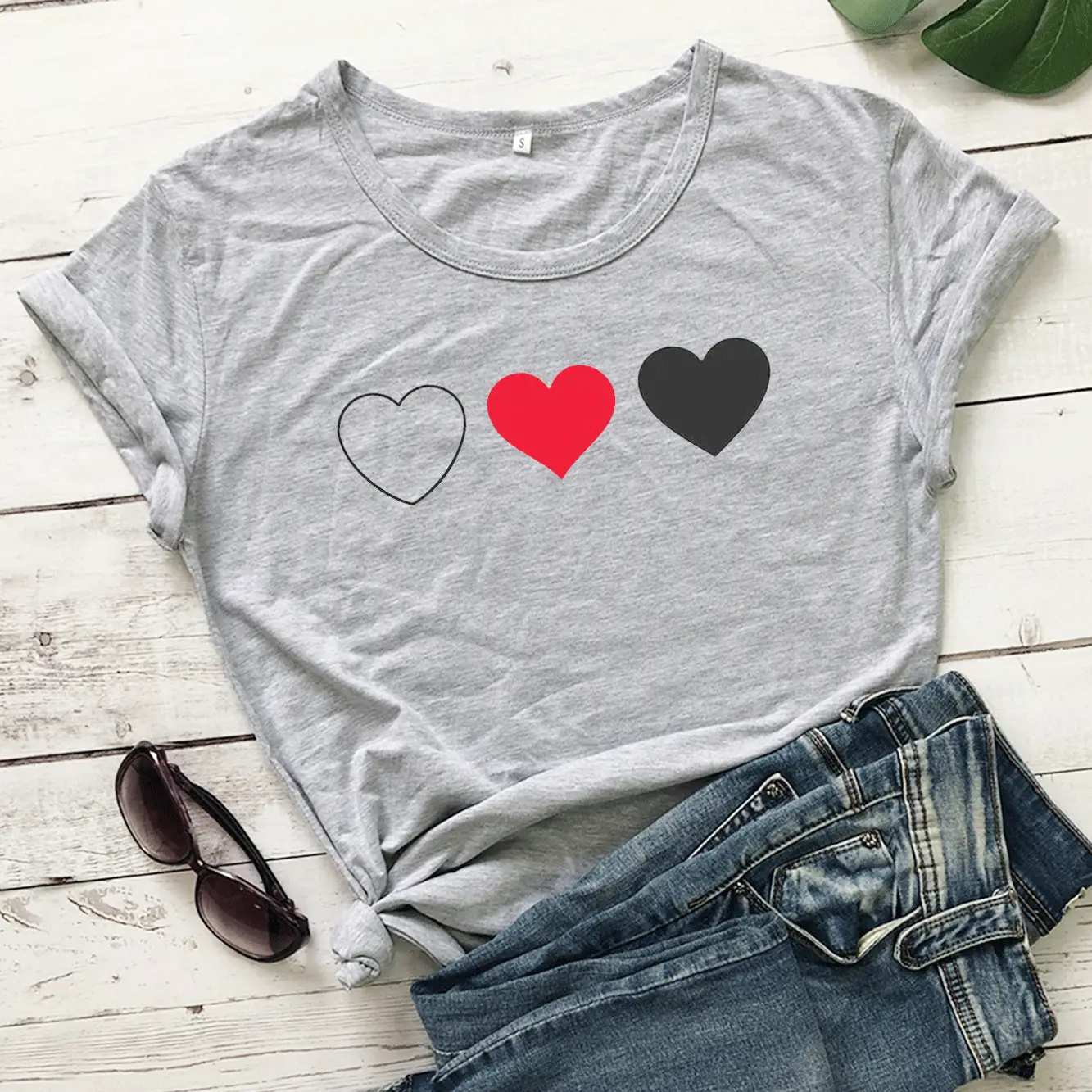 Valentine T-Shirt Grey Heart Print Short Sleeve - Image 3