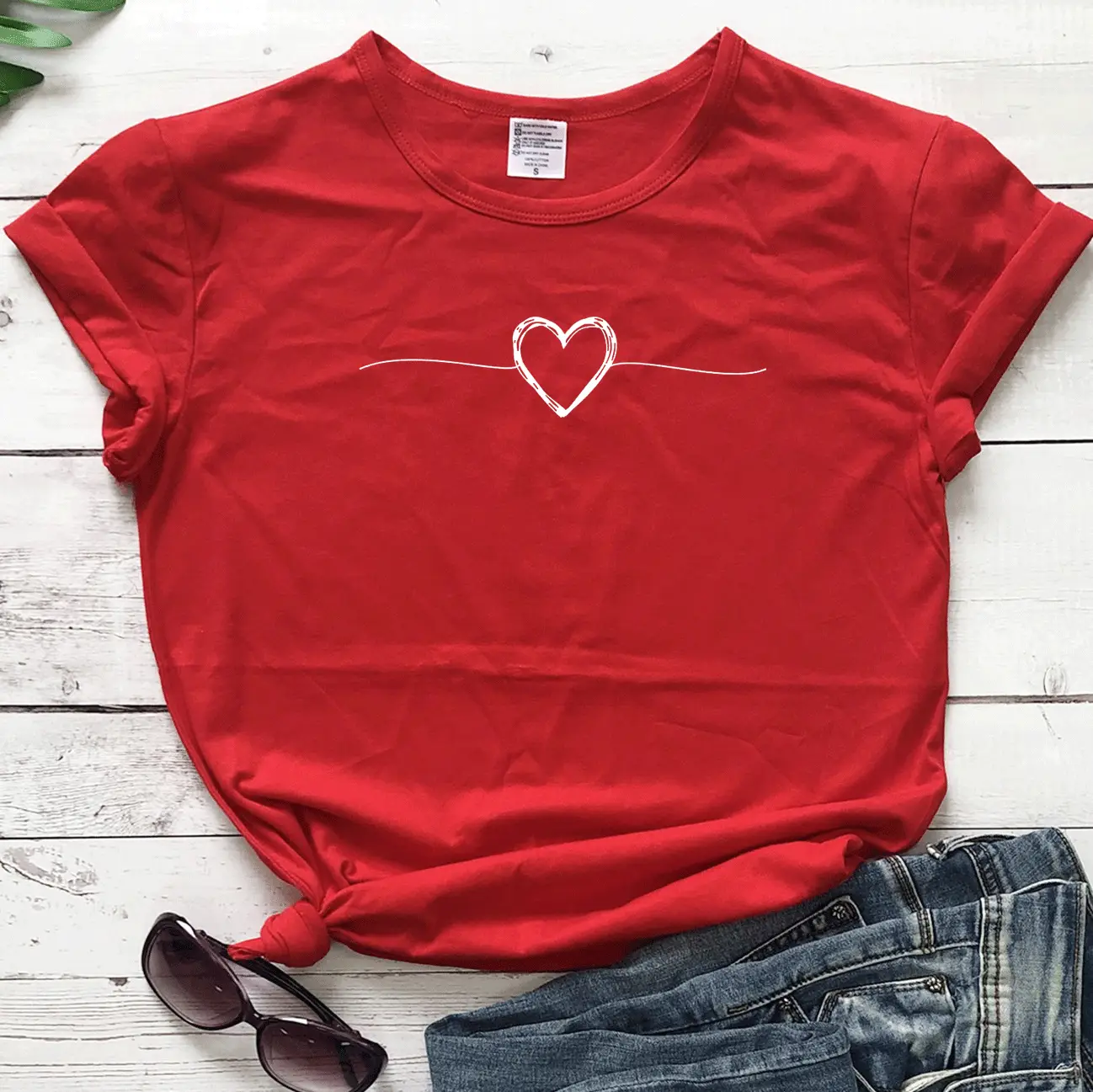 White Heart Print T-Shirt Short Sleeve Casual Wear - Image 9
