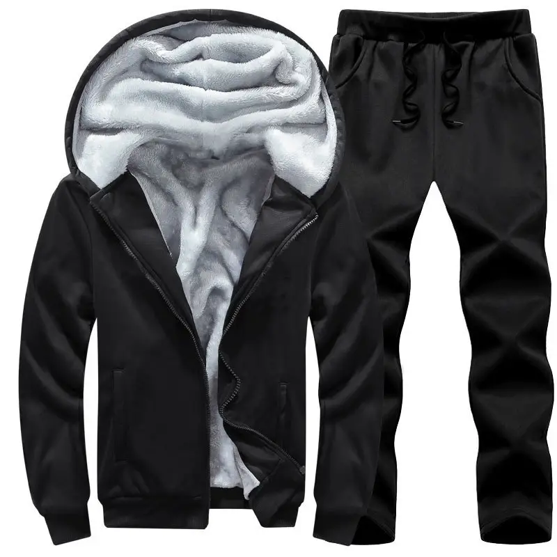 Men Velvet Hooded Sweatset Black Winter Plus - Image 2