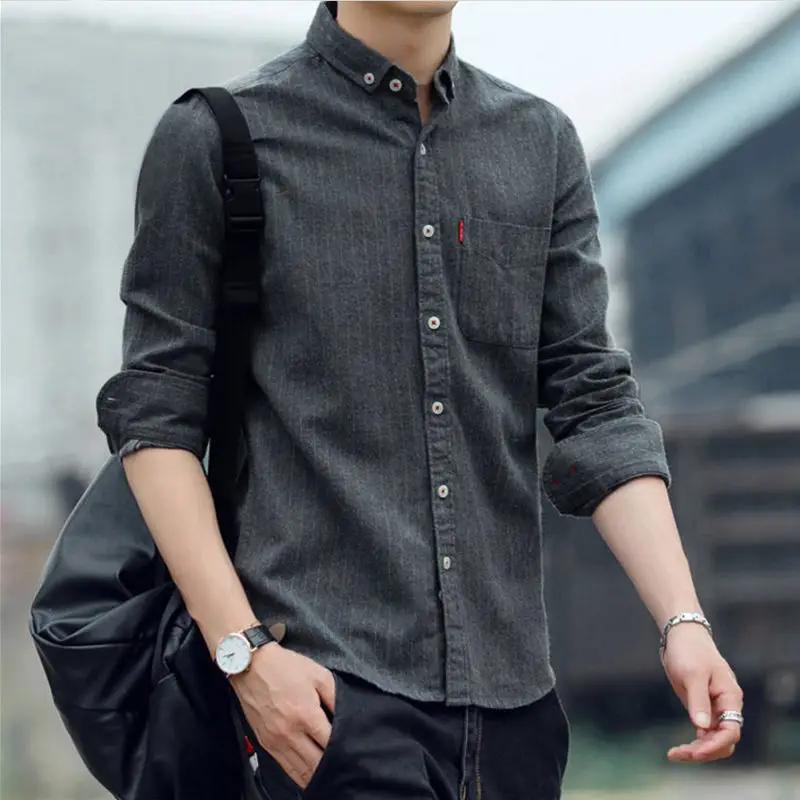 Men's Long Sleeve Striped Shirt Blue Slim Fit 2020 - Image 7