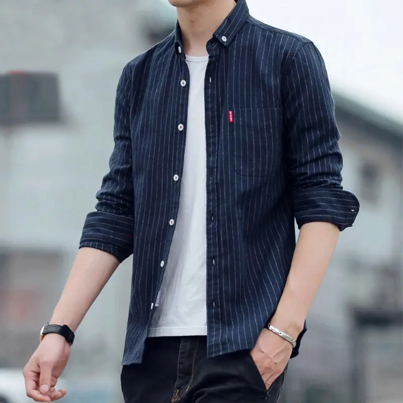 Men's Long Sleeve Striped Shirt Blue Slim Fit 2020 - Image 2