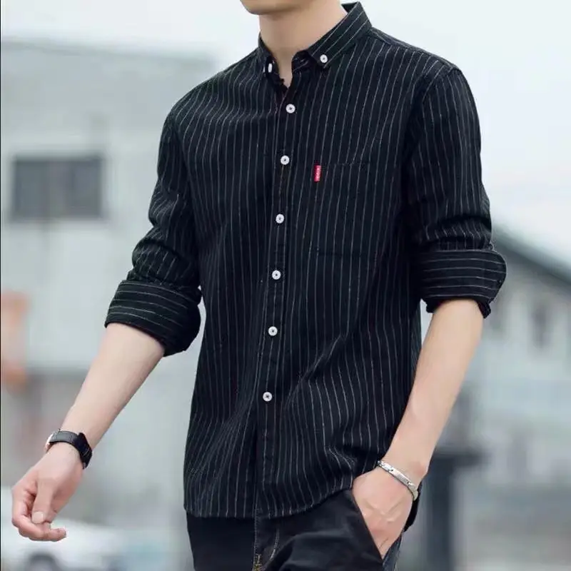 Men's Long Sleeve Striped Shirt Blue Slim Fit 2020 - Image 4