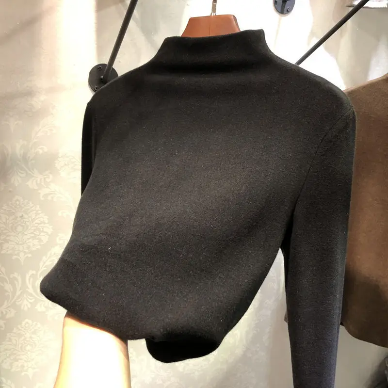Women's Brown Velvet Half High Collar T-Shirt Winter Fleece Lined - Image 9