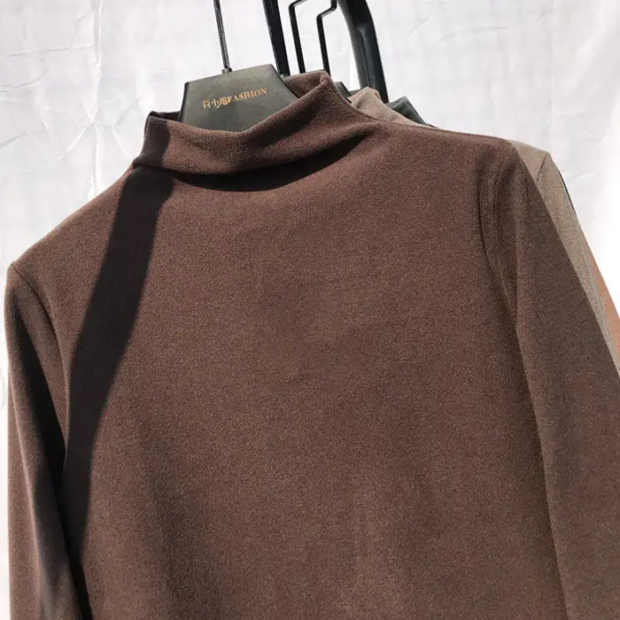 Women's Brown Velvet Half High Collar T-Shirt Winter Fleece Lined — feature 6