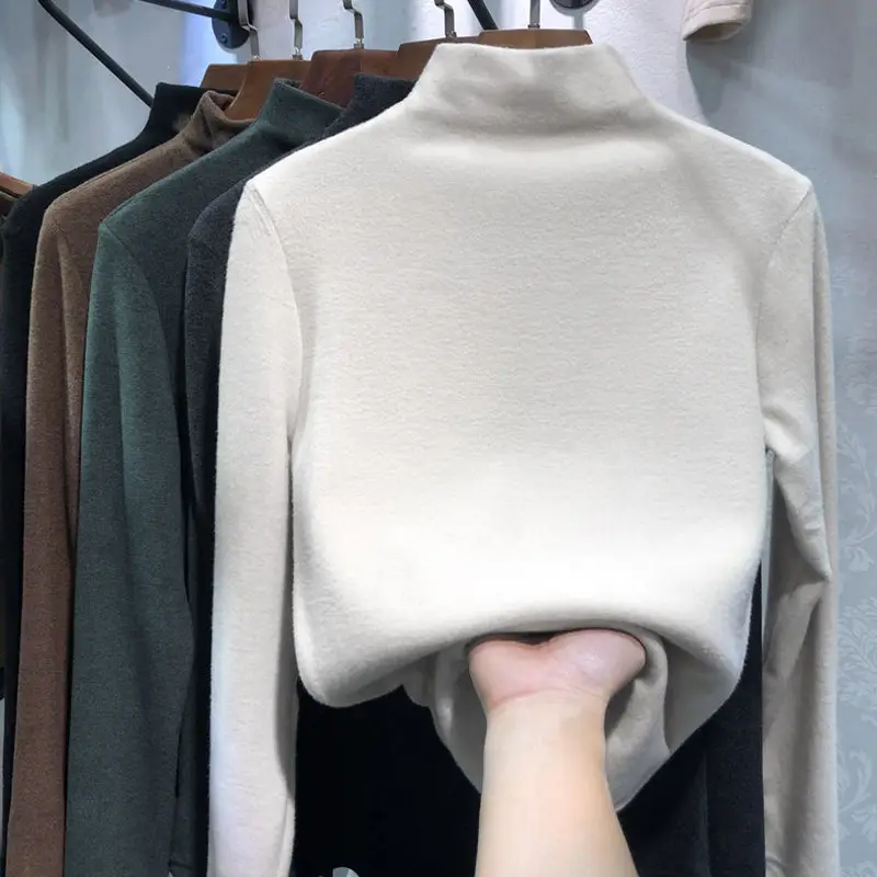 Women's Brown Velvet Half High Collar T-Shirt Winter Fleece Lined - Image 2