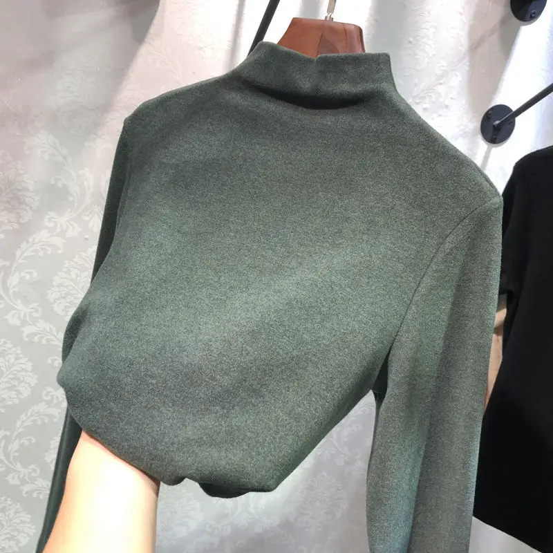 Women's Brown Velvet Half High Collar T-Shirt Winter Fleece Lined - Image 4