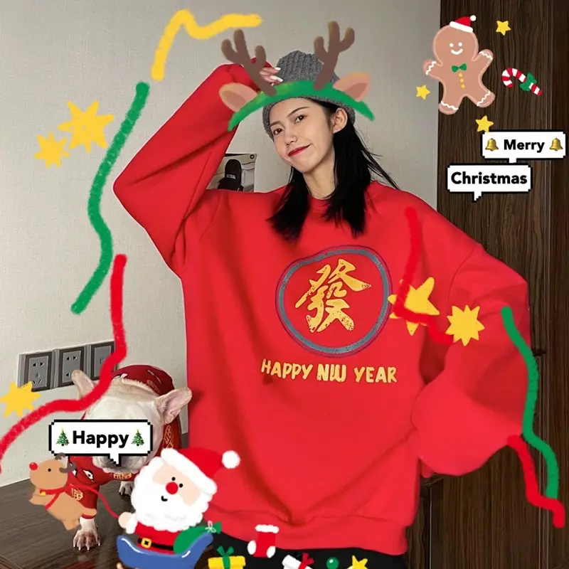 2025 Women Korean Fleece Lined Happy Cow Sweatshirt Green Red - Image 8