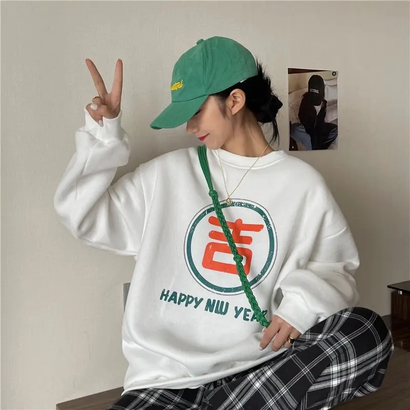 2025 Women Korean Fleece Lined Happy Cow Sweatshirt Green Red — feature 23