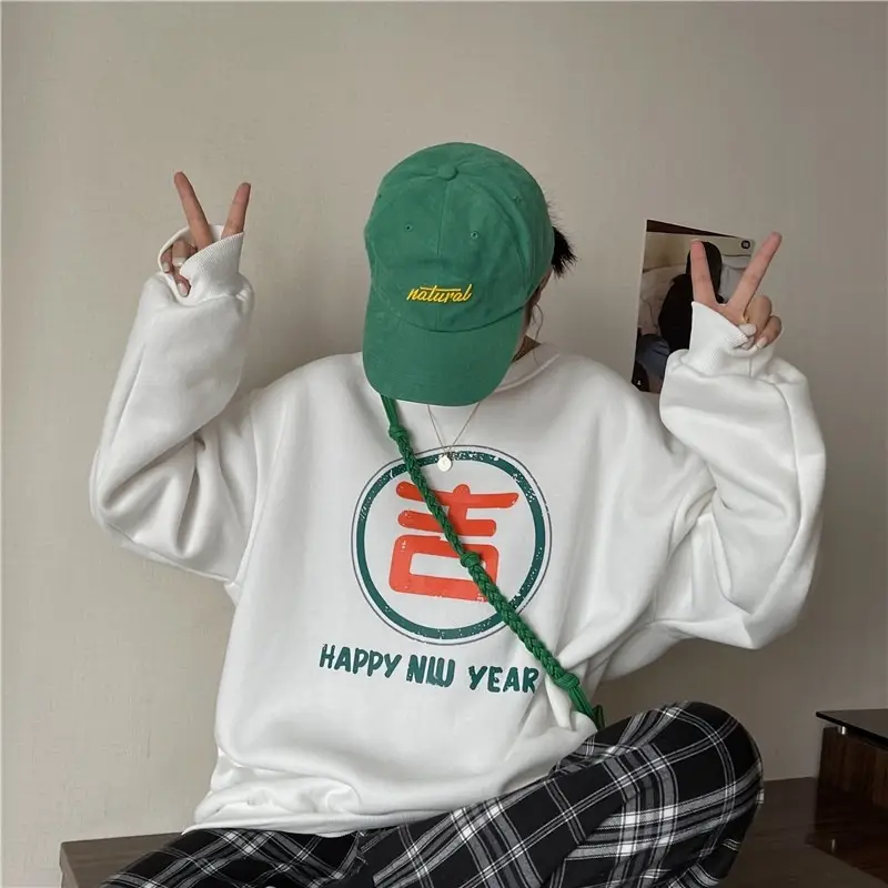 2025 Women Korean Fleece Lined Happy Cow Sweatshirt Green Red — feature 24