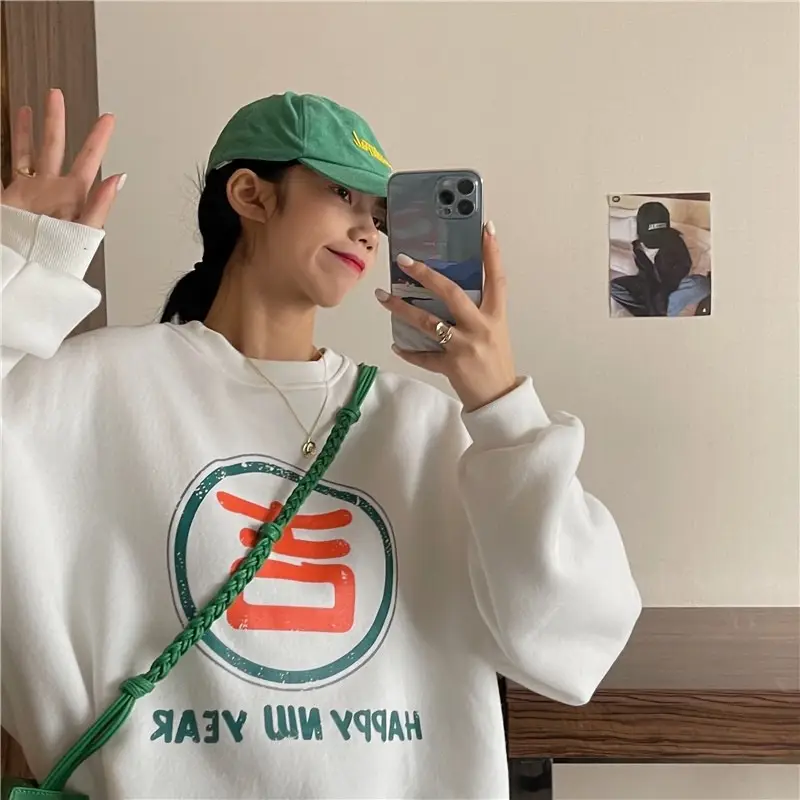 2025 Women Korean Fleece Lined Happy Cow Sweatshirt Green Red — feature 25