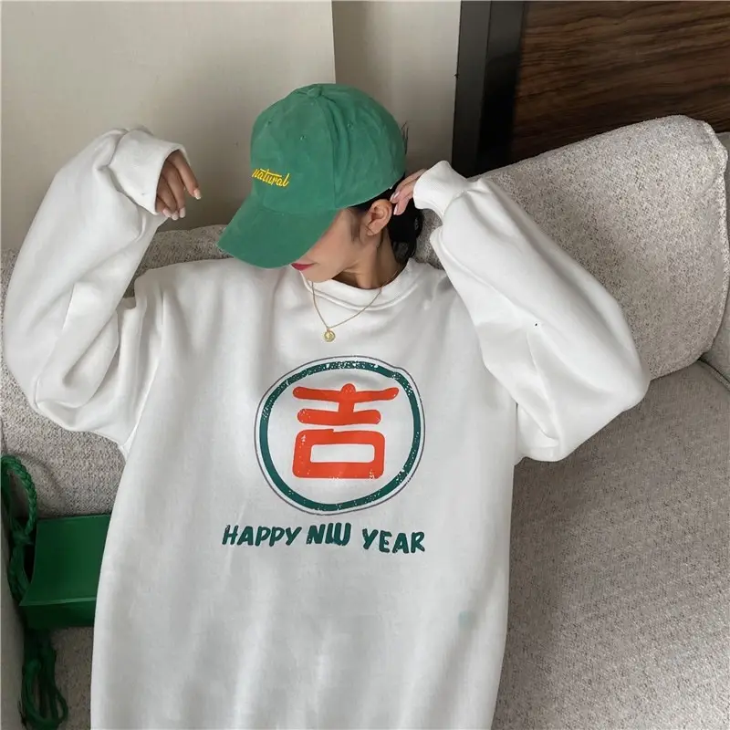 2025 Women Korean Fleece Lined Happy Cow Sweatshirt Green Red — feature 28