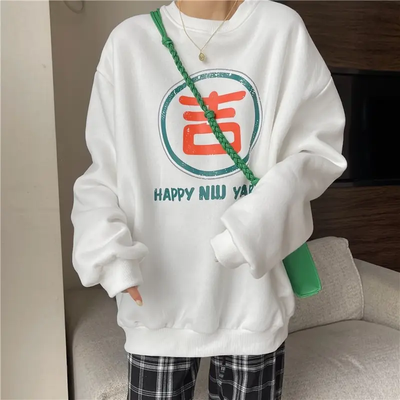 2025 Women Korean Fleece Lined Happy Cow Sweatshirt Green Red — feature 30