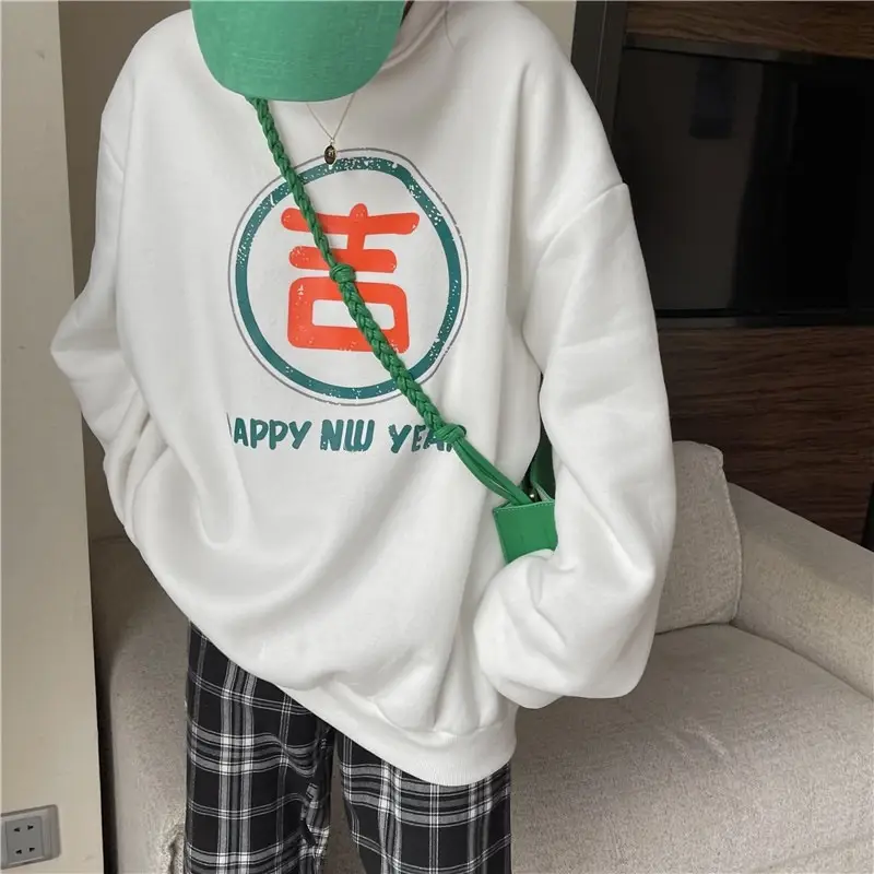 2025 Women Korean Fleece Lined Happy Cow Sweatshirt Green Red — feature 31