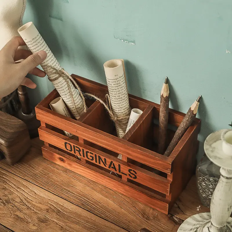 Wooden Vintage Desk Pen Storage Box 21.5x7.5x6.3cm - Image 4