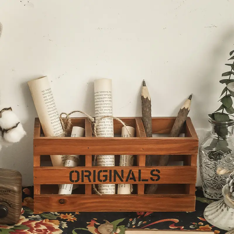 Wooden Vintage Desk Pen Storage Box 21.5x7.5x6.3cm - Image 5
