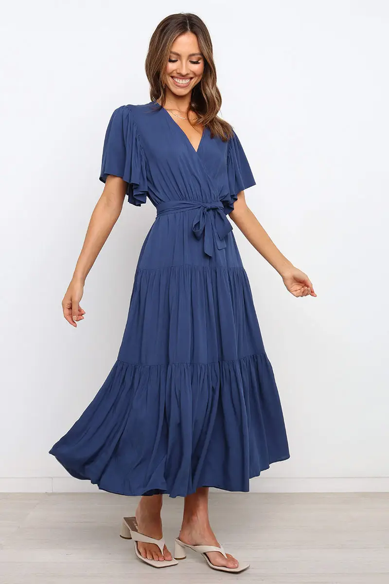 Blue Tiered V-Neck Dress for Women — feature 3