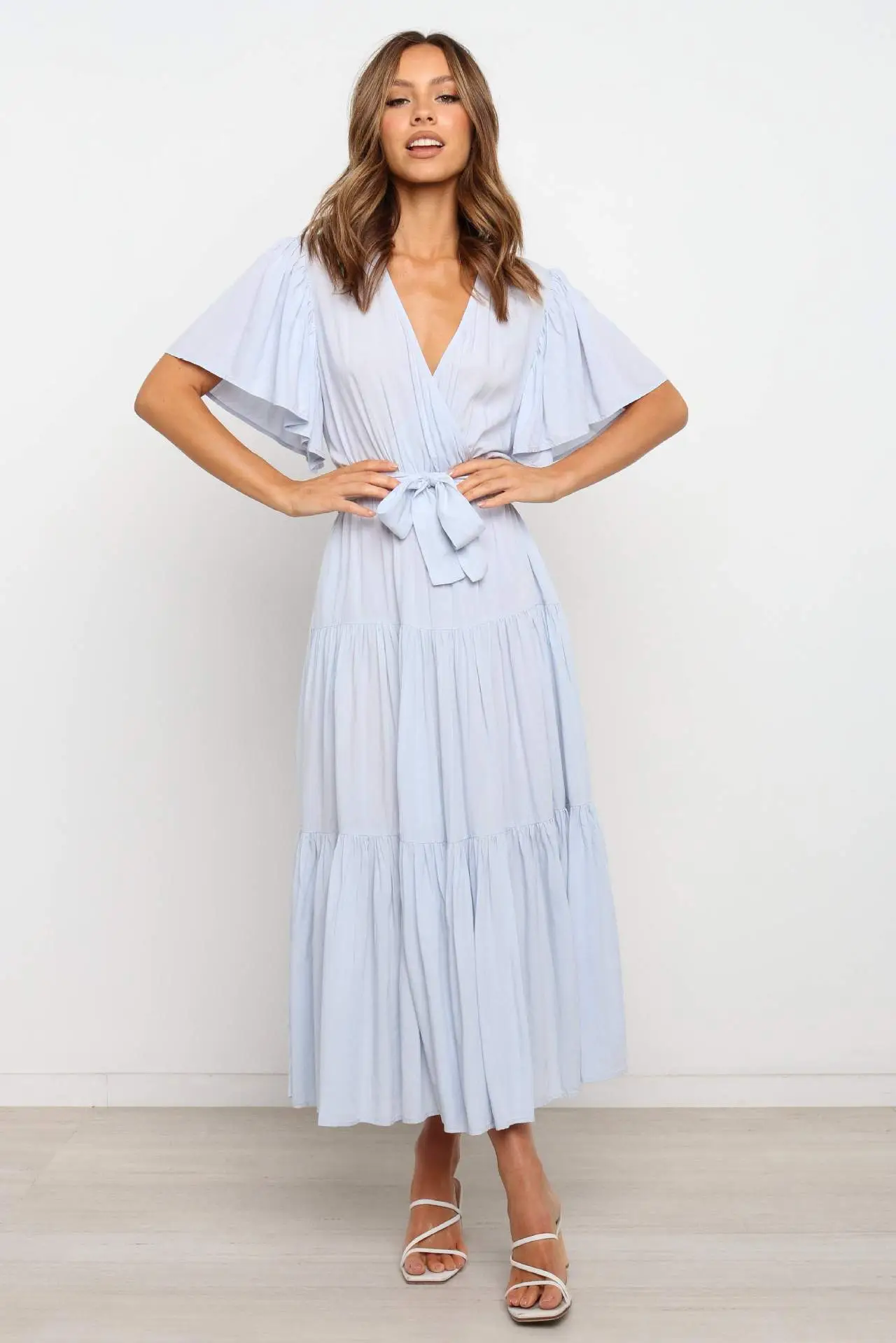 Blue Tiered V-Neck Dress for Women — feature 33