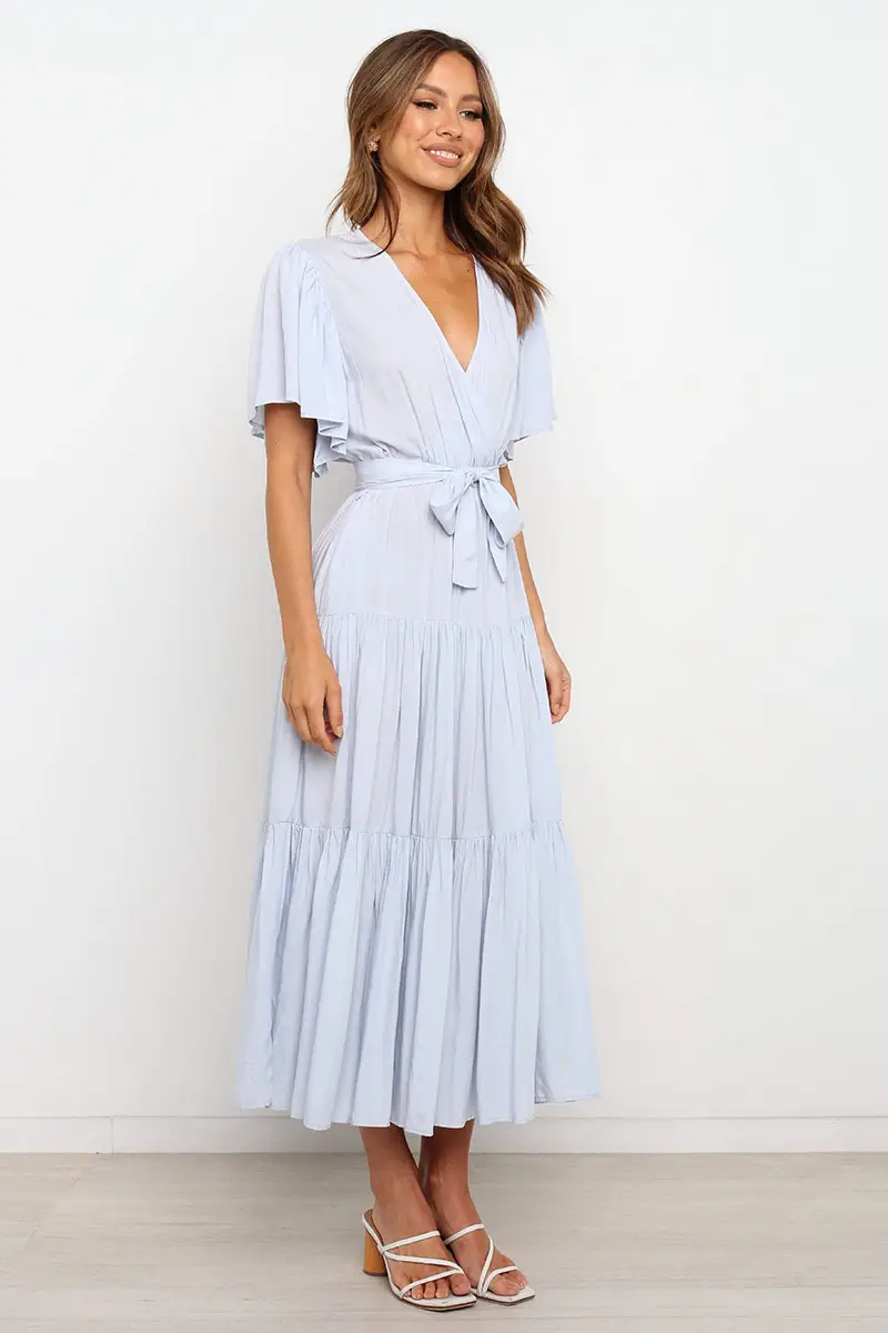 Blue Tiered V-Neck Dress for Women — feature 34