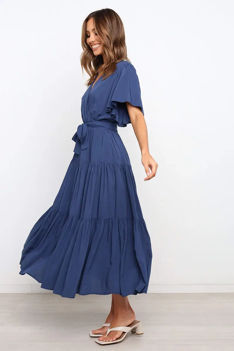 Blue Tiered V-Neck Dress for Women — feature 4