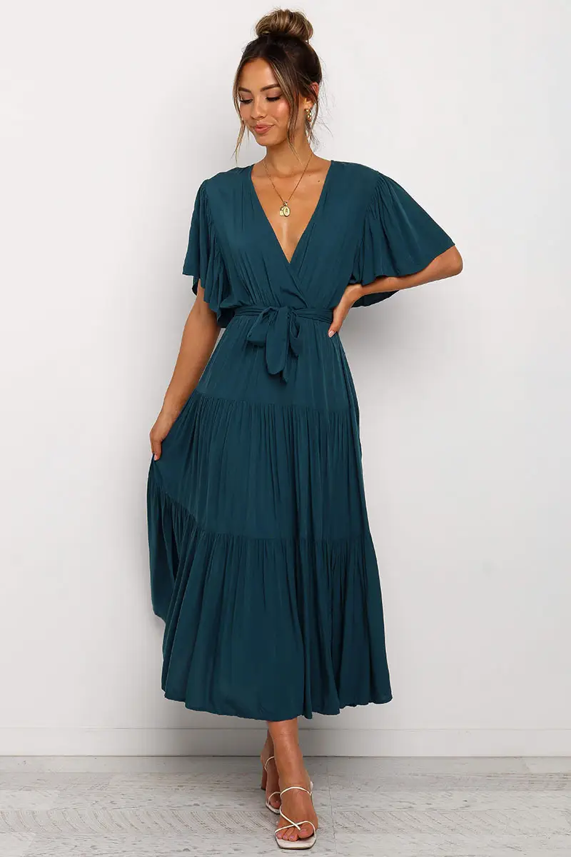 Blue Tiered V-Neck Dress for Women — feature 5
