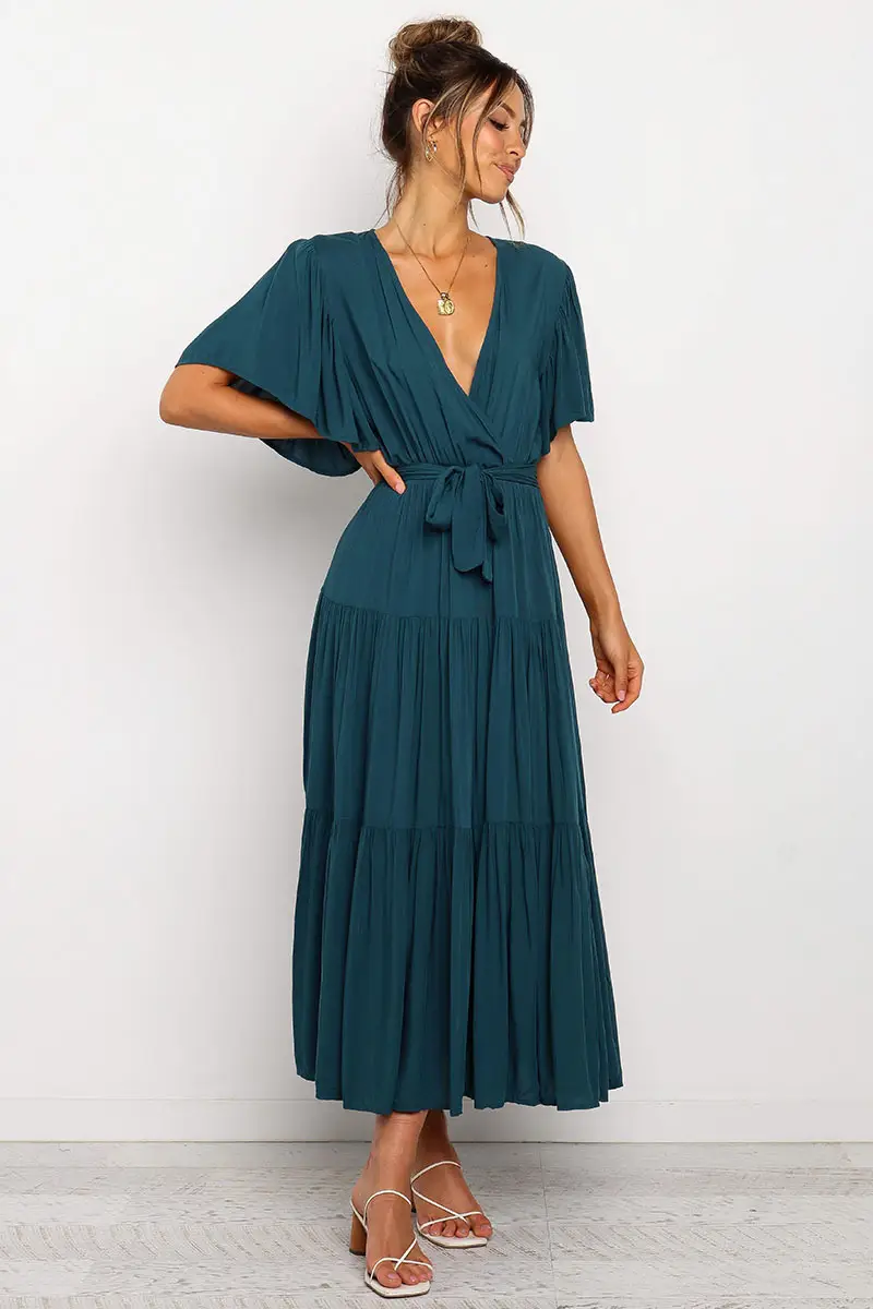 Blue Tiered V-Neck Dress for Women — feature 6