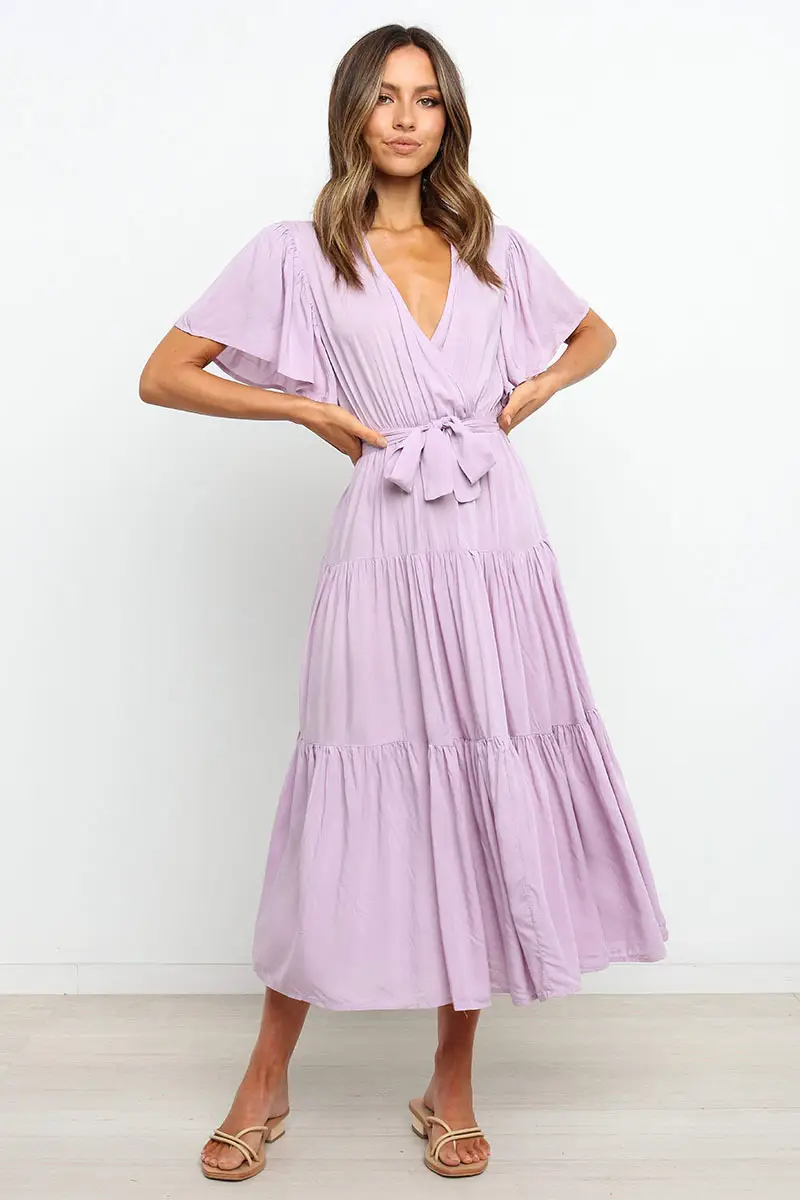Blue Tiered V-Neck Dress for Women