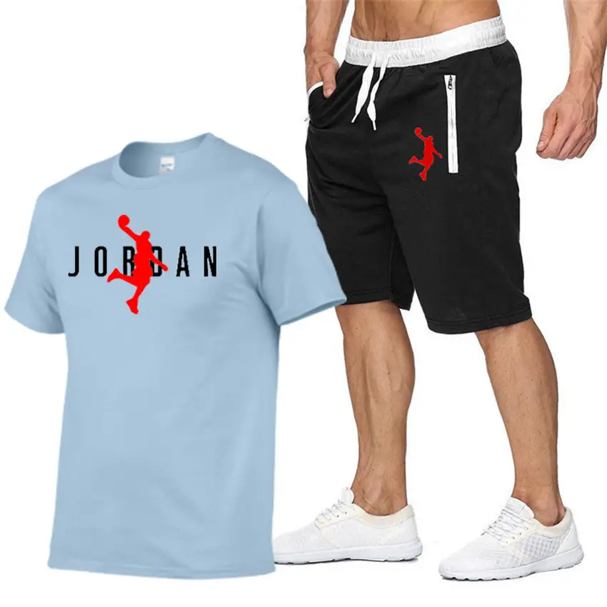 Men Printed Jordan T-Shirt & Shorts Set Light Blue Black